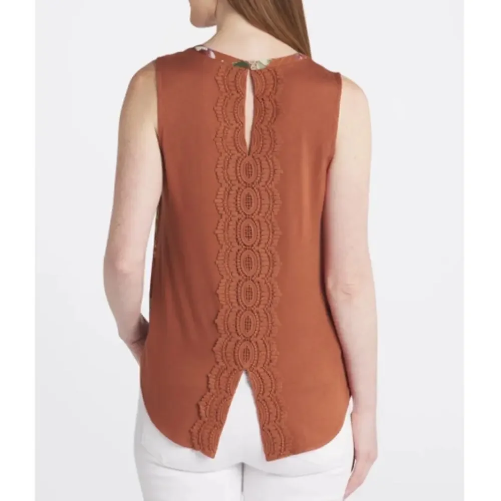 Daniel Rainn Women's Floral Burnt Orange Quin Keyhole Crochet Top Size Petite M